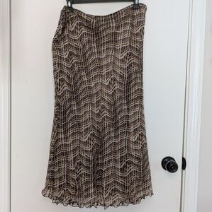 Vintage Y2K Brown Pink Gray Patterned Midi Slip Skirt Ruffle Lettuce Hem